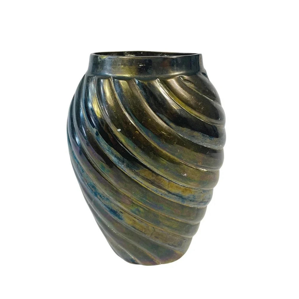 Vtg Wildwood Imports Brass Spiral Ribbed Vase Iridescent Patina Mid Century Boho